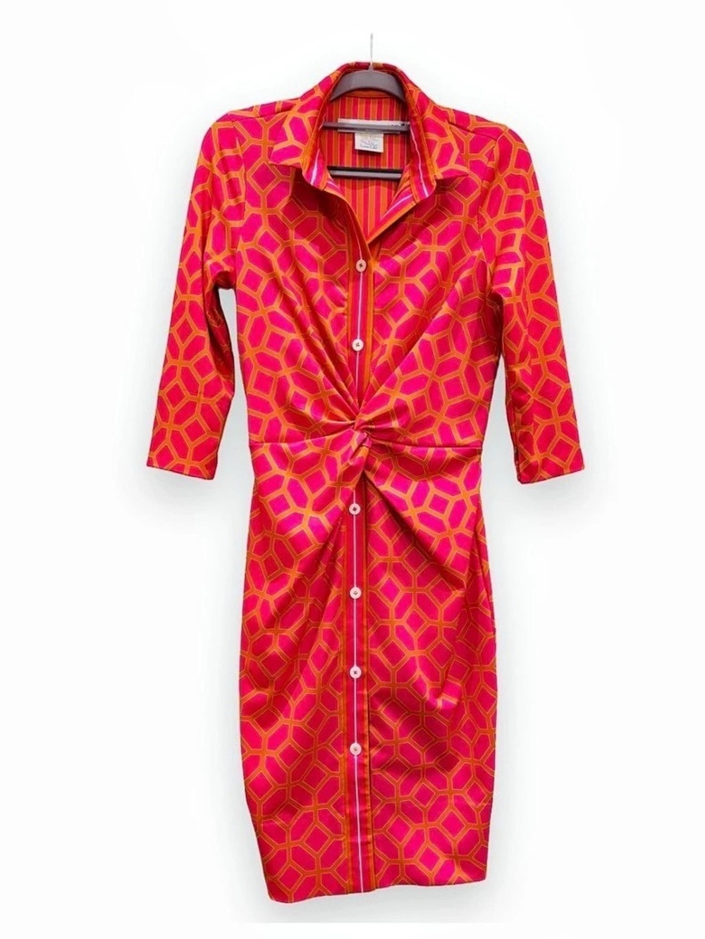 Gretchen Scott Geometric Knot-Front Midi Dress in Pink & Orange Size XS